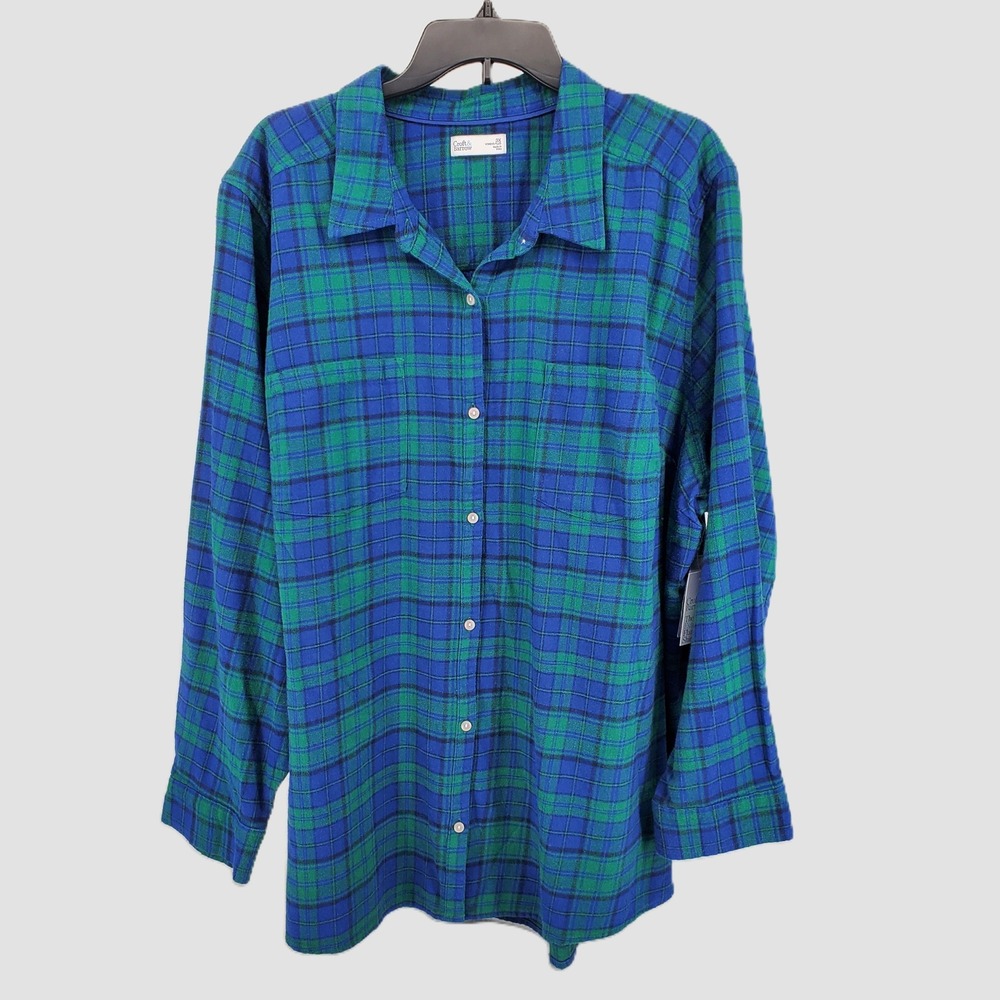 Croft & Barrow Womens 3X Blue Green Plaid Flannel Button Up Shirt Extra Soft New